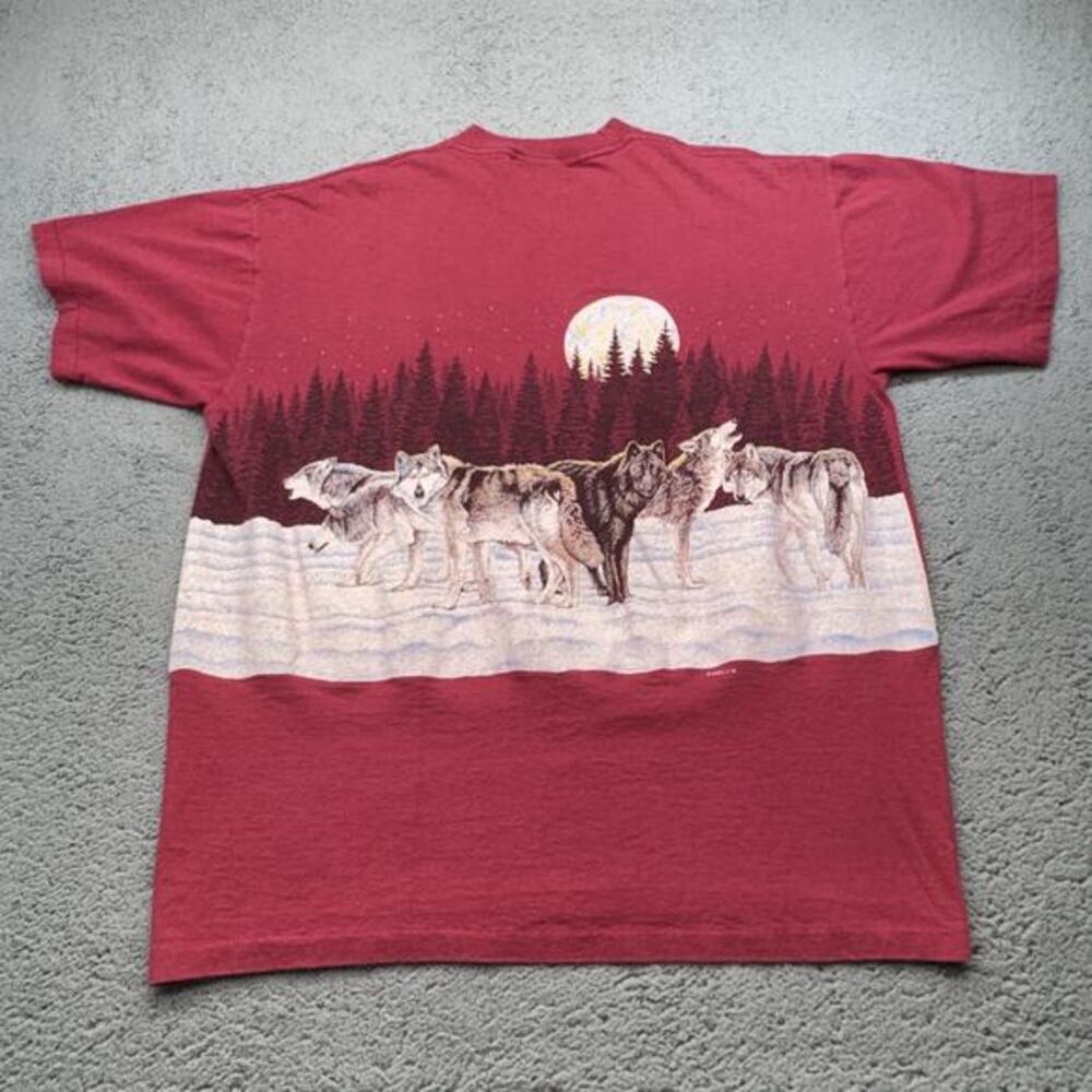 Vintage 90s Wolf Shirt Mens Large Red Signal Sports Habitat Art Moon Nature Crew - Picture 5 of 9